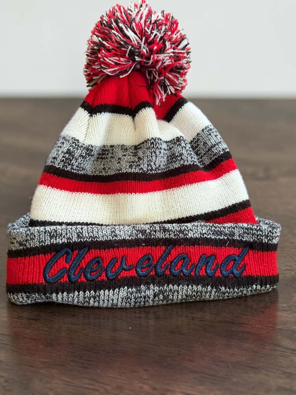 Cleveland Striped Pom Beanie Knit Hat